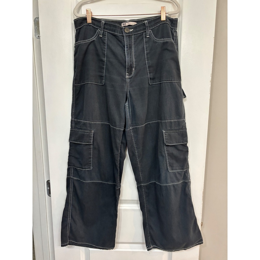 Womens Cargo Wide Leg Pants Black Contrast Stitch Large Grunge So Goods